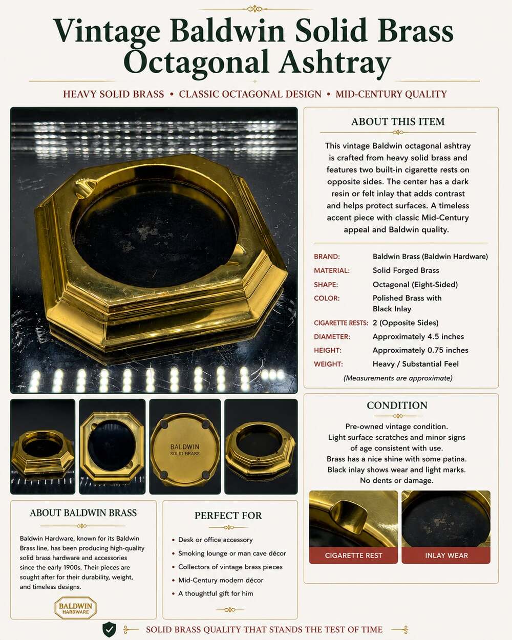 Vintage Baldwin Solid Brass Octagonal Ashtray